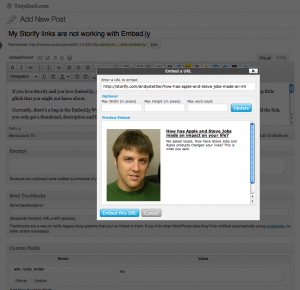 Screen Shot of Storify Embed.ly tool in WordPress