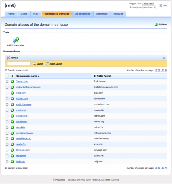 Image of the domain aliases administration area in Plesk CPanel if using MediaTemple hosting