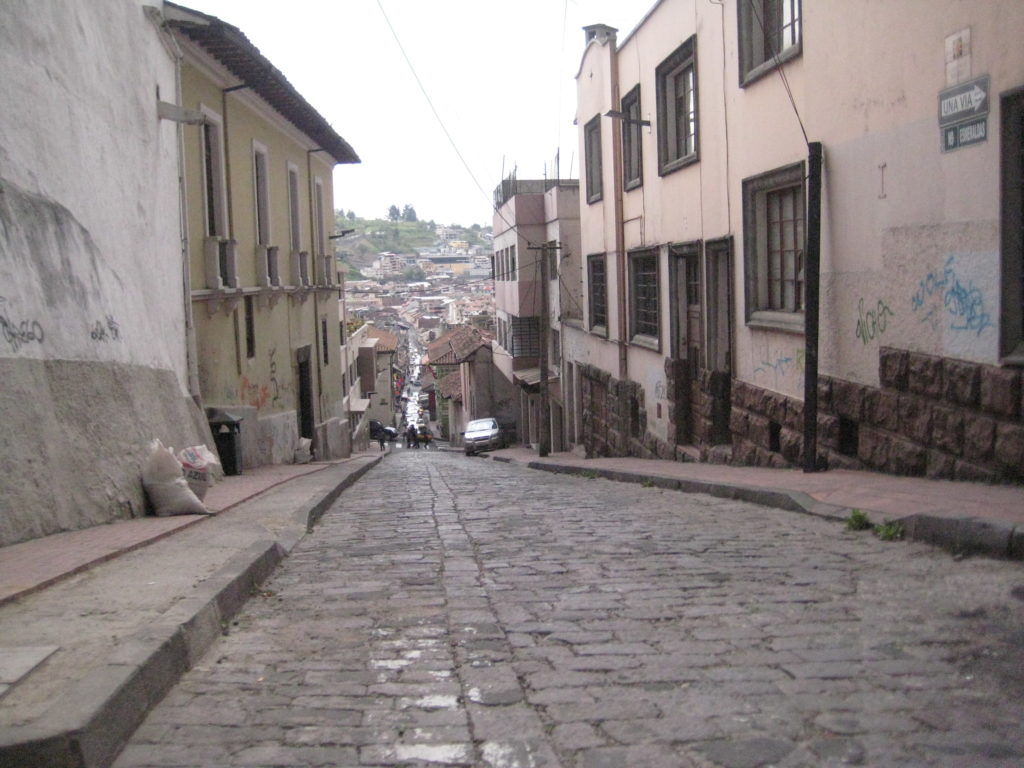 Picture of cobblestone street in the old city of Quito, Ecuador