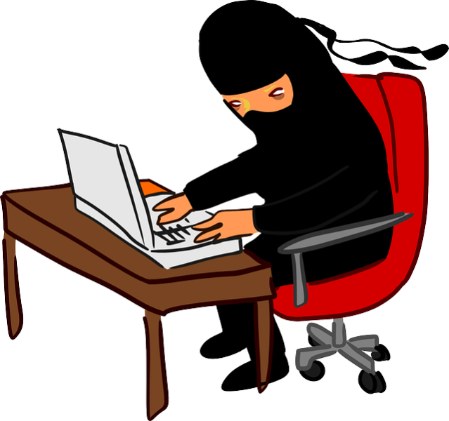 Art illustration of a ninja sitting on a computer at a desk