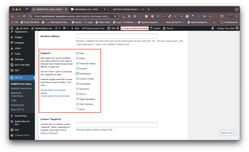 CPT UI Post Type Supports Options